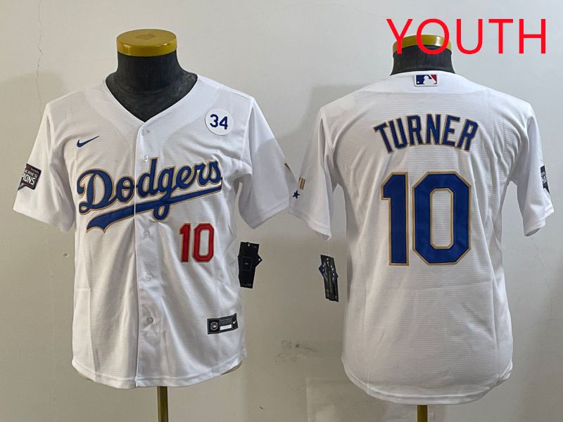 Youth Los Angeles Dodgers #10 Turner White Gold Game 2025 Nike MLB Jersey style 3->youth mlb jersey->Youth Jersey